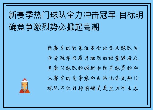 新赛季热门球队全力冲击冠军 目标明确竞争激烈势必掀起高潮