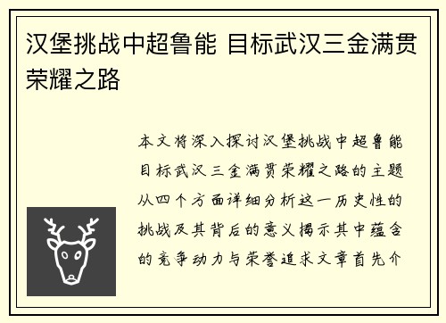 汉堡挑战中超鲁能 目标武汉三金满贯荣耀之路