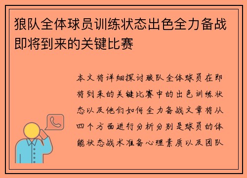 狼队全体球员训练状态出色全力备战即将到来的关键比赛
