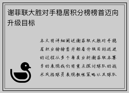 谢菲联大胜对手稳居积分榜榜首迈向升级目标